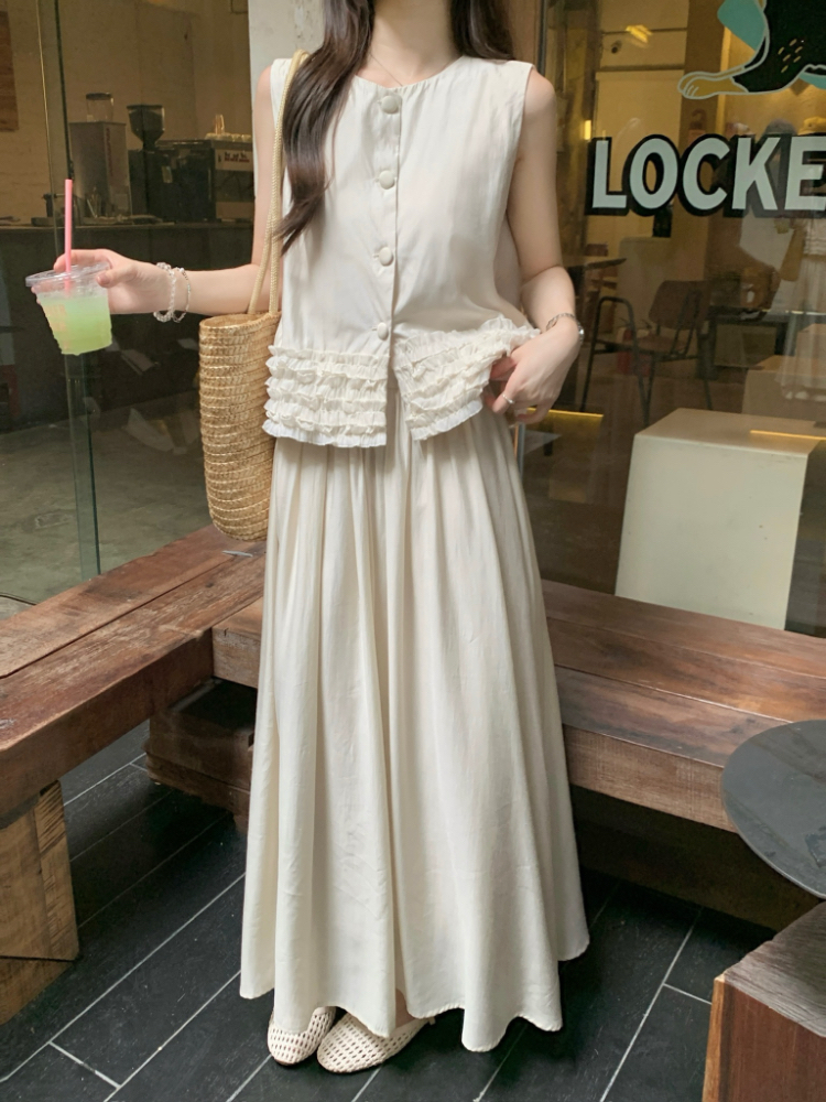 Wood ear retro tops Korean style skirt 2pcs set for women