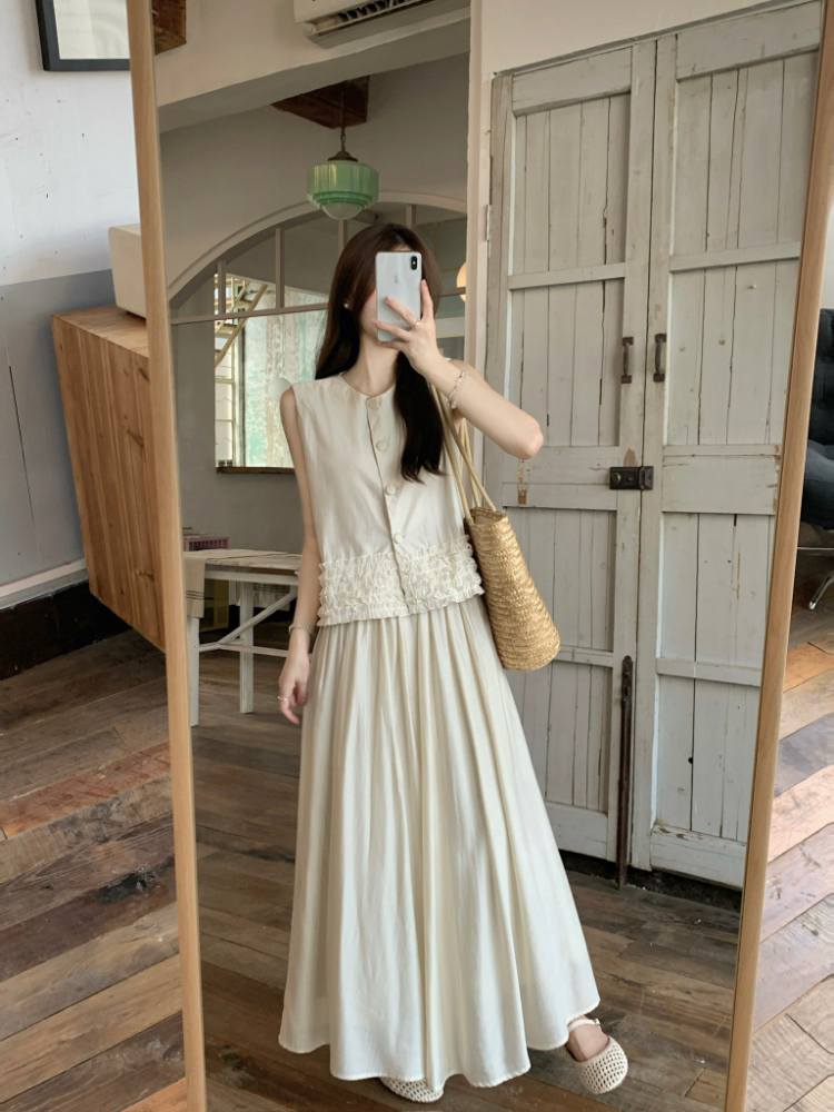 Wood ear retro tops Korean style skirt 2pcs set for women