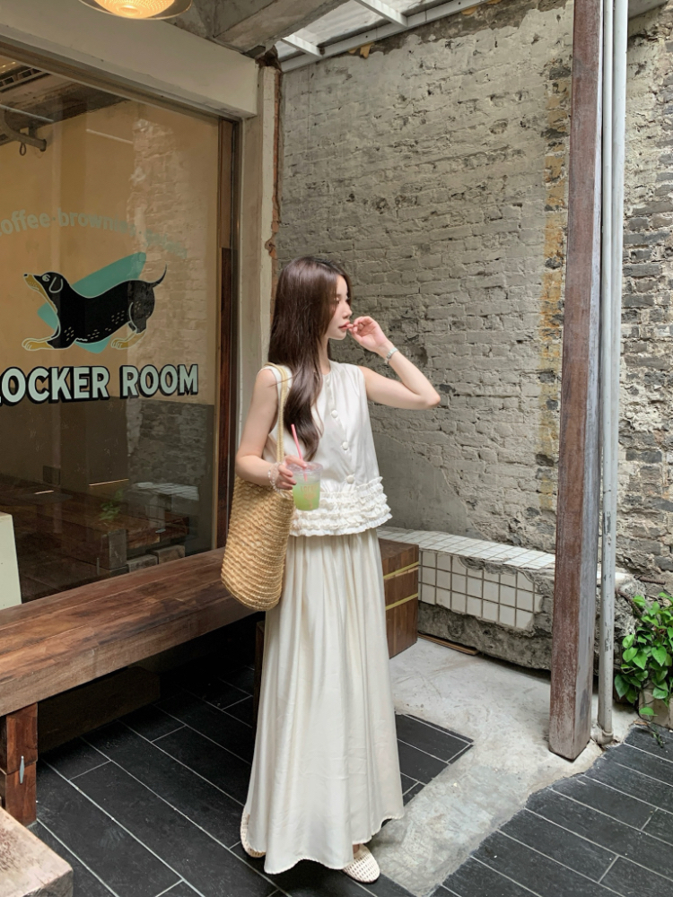 Wood ear retro tops Korean style skirt 2pcs set for women