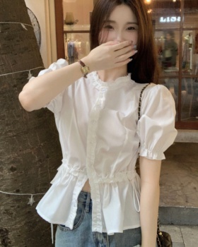 Slim short sleeve wood ear pinched waist white shirt