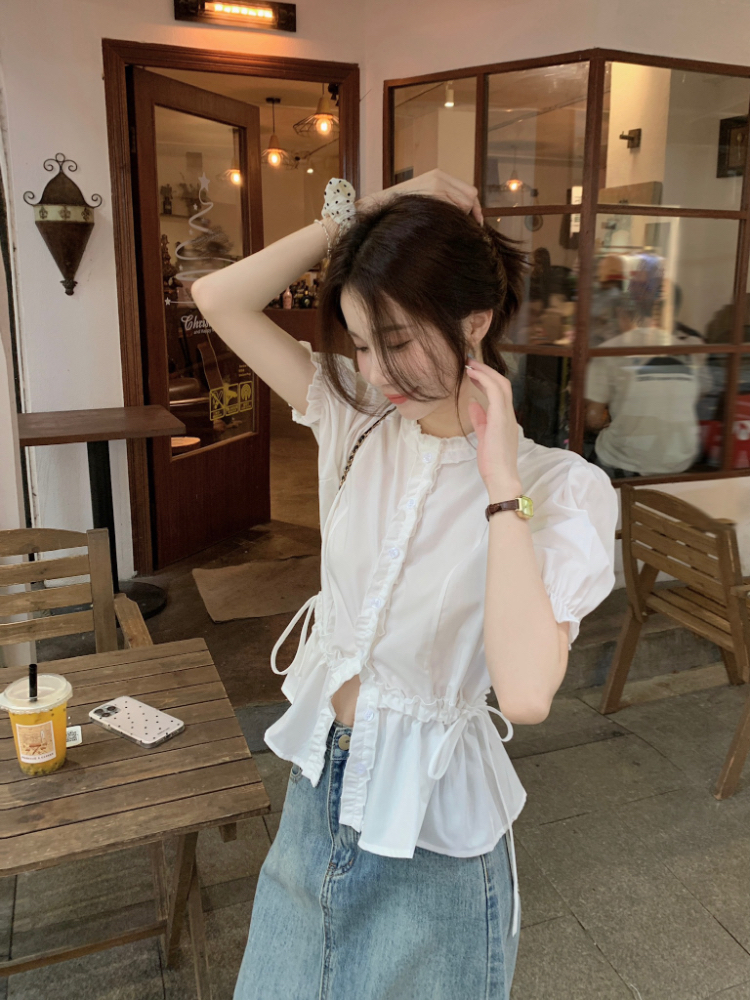 Slim short sleeve wood ear pinched waist white shirt