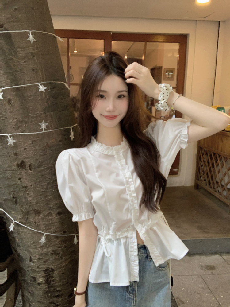 Slim short sleeve wood ear pinched waist white shirt