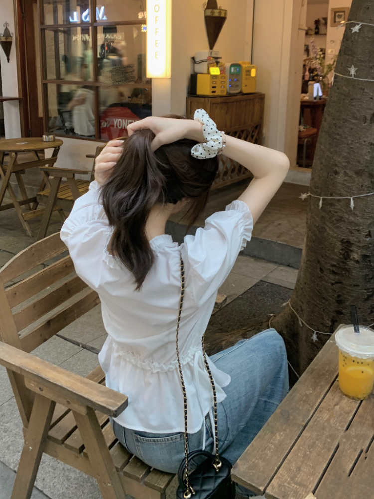 Slim short sleeve wood ear pinched waist white shirt