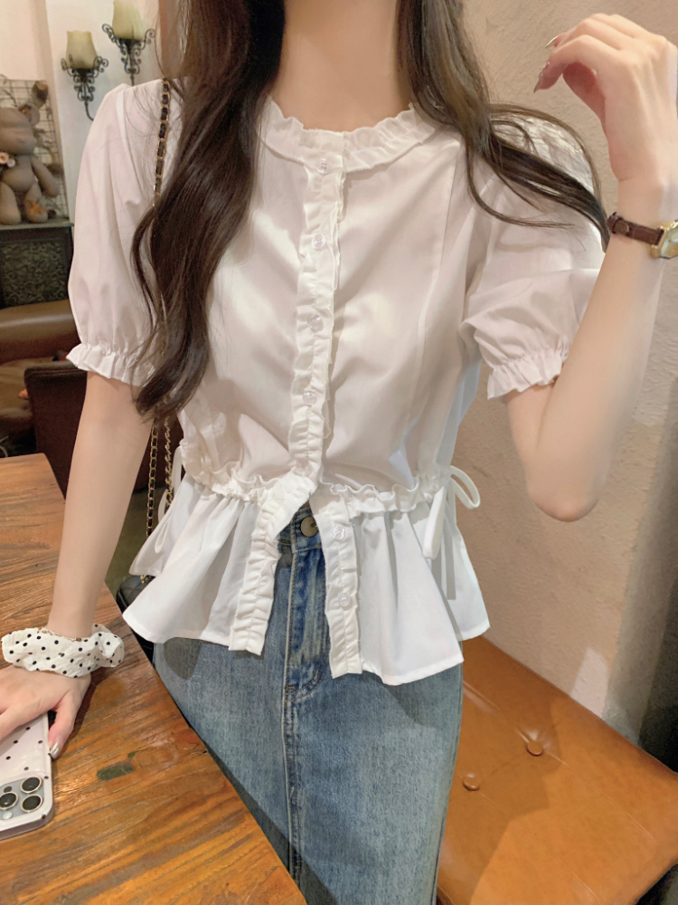 Slim short sleeve wood ear pinched waist white shirt