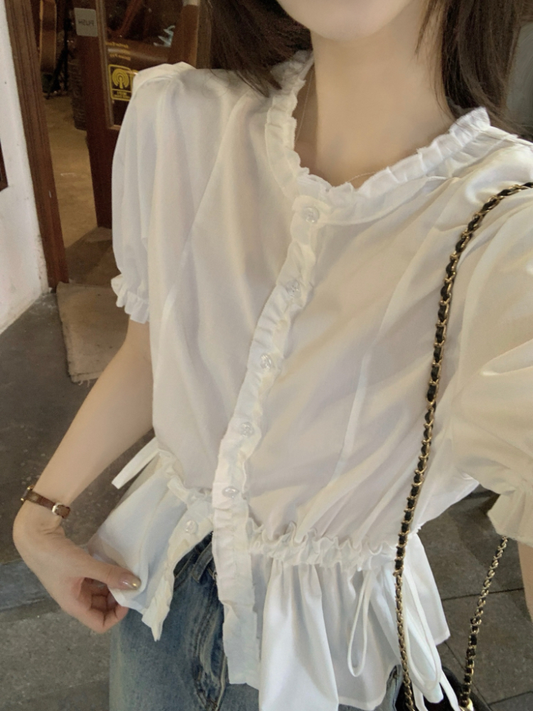 Slim short sleeve wood ear pinched waist white shirt