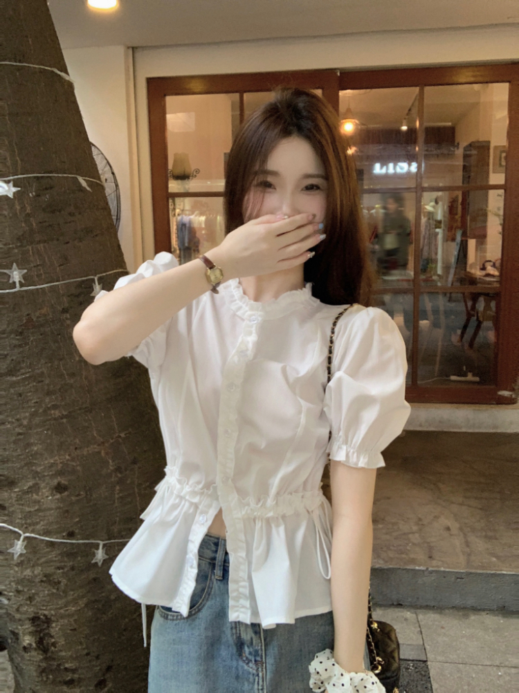Slim short sleeve wood ear pinched waist white shirt