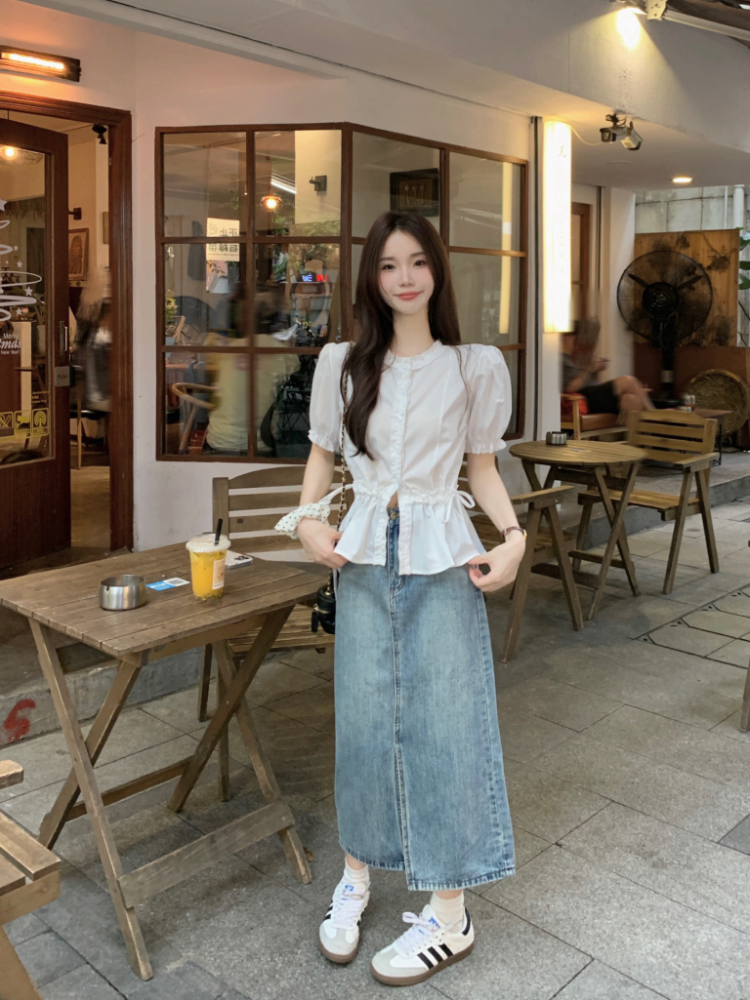 Slim short sleeve wood ear pinched waist white shirt