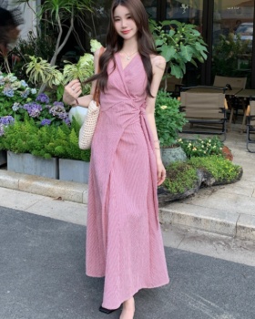 Cross summer red plaid dress bandage V-neck retro long dress