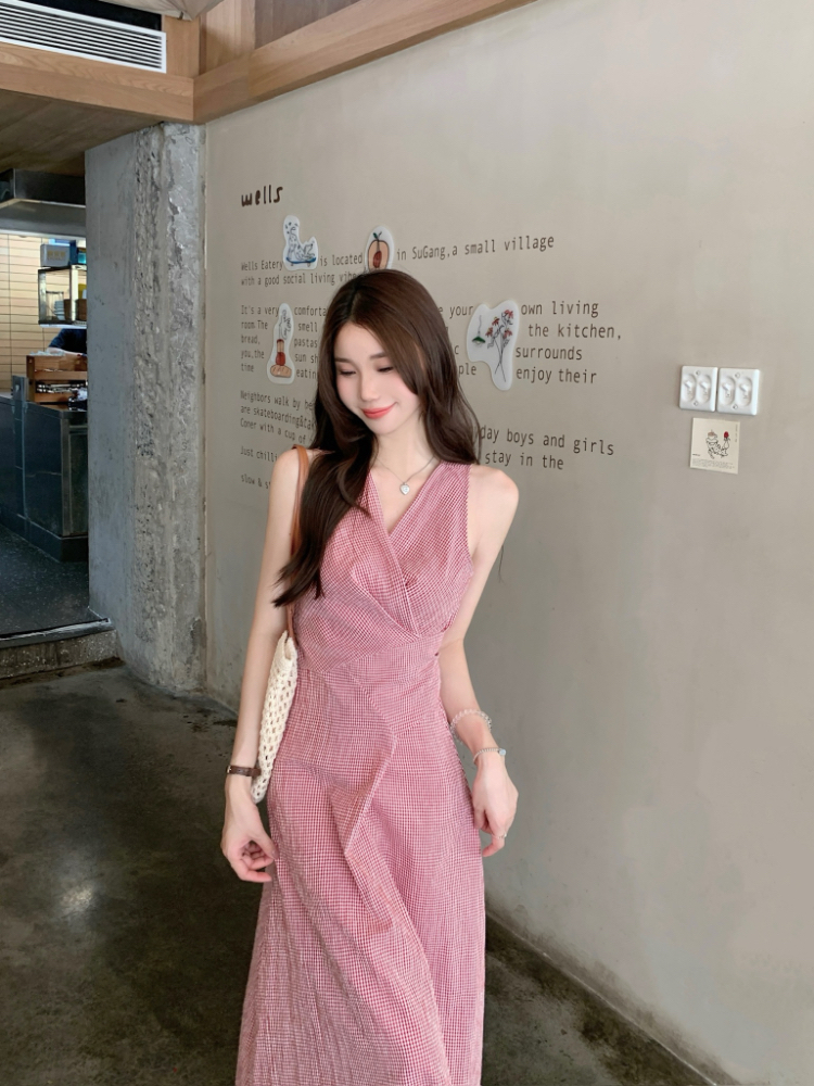 Cross summer red plaid dress bandage V-neck retro long dress