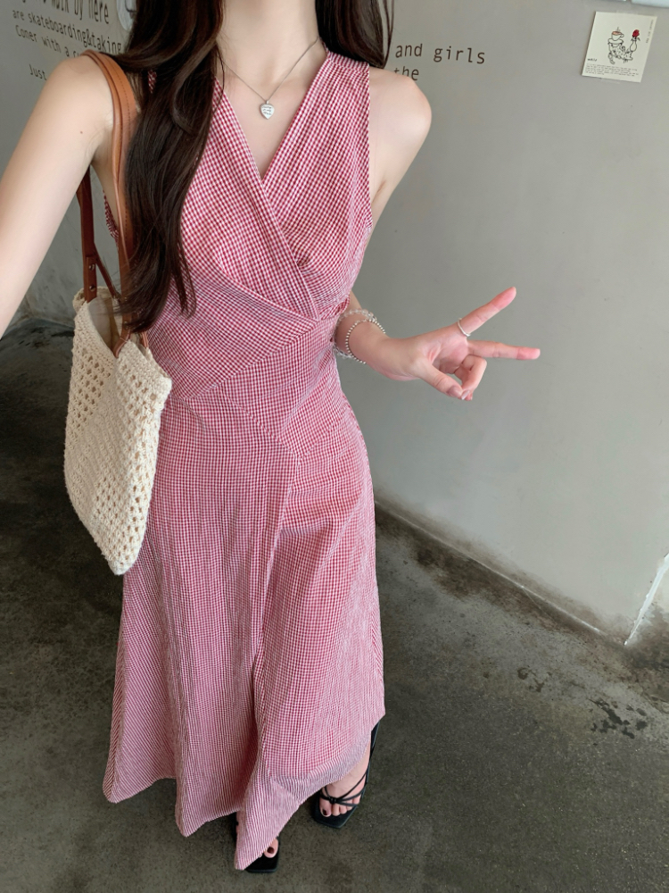 Cross summer red plaid dress bandage V-neck retro long dress