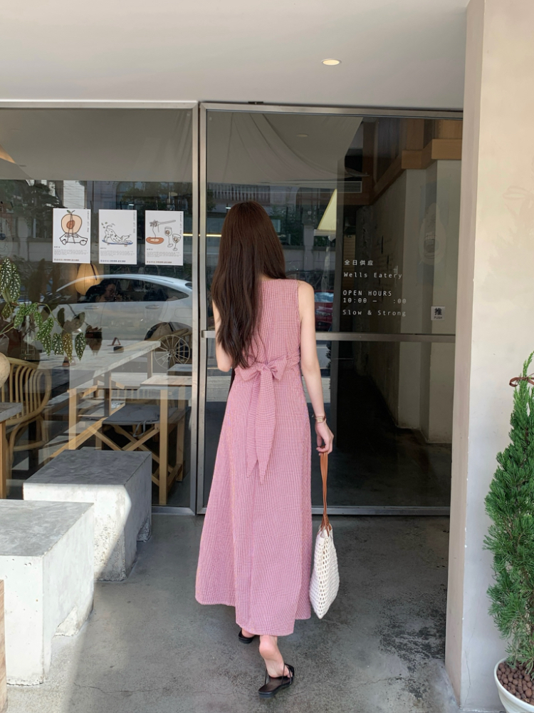 Cross summer red plaid dress bandage V-neck retro long dress