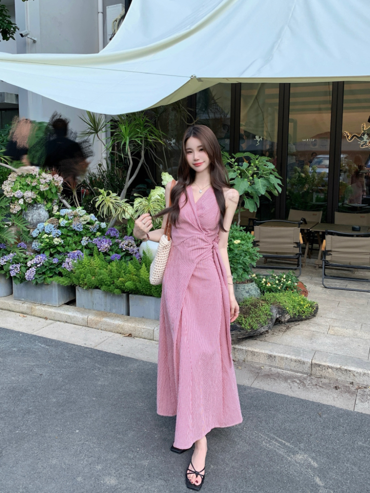 Cross summer red plaid dress bandage V-neck retro long dress