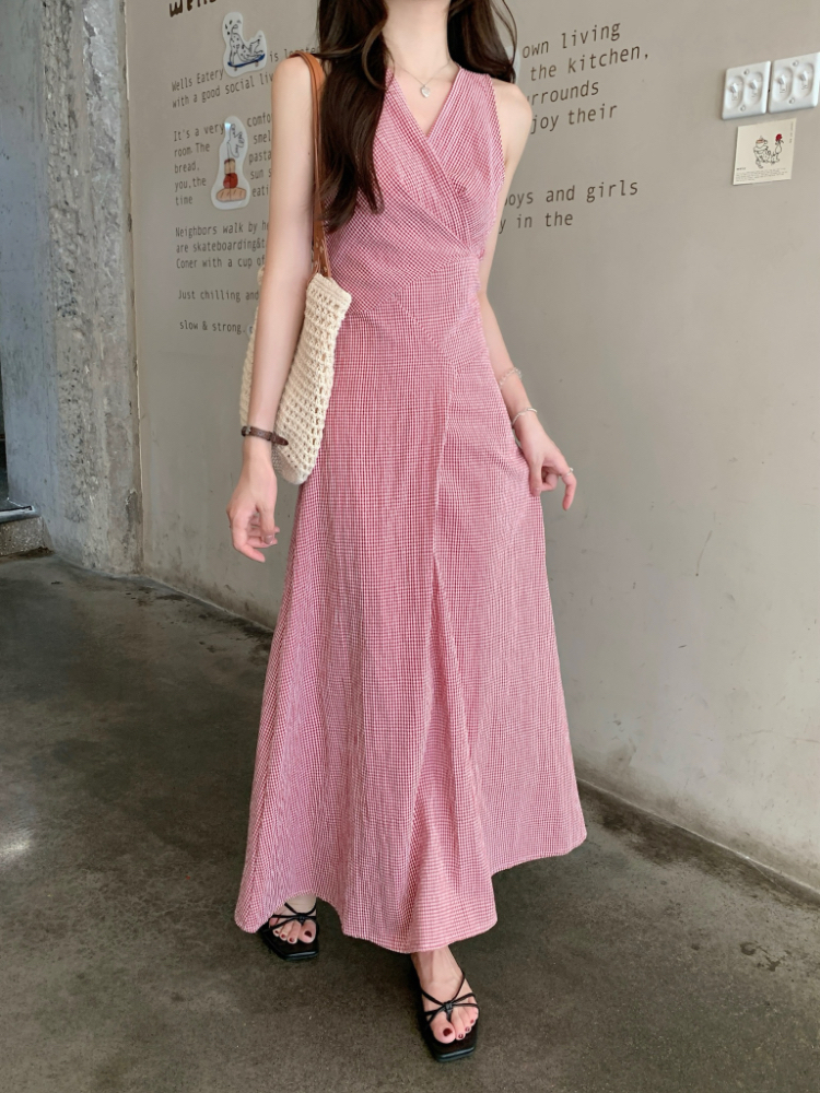 Cross summer red plaid dress bandage V-neck retro long dress
