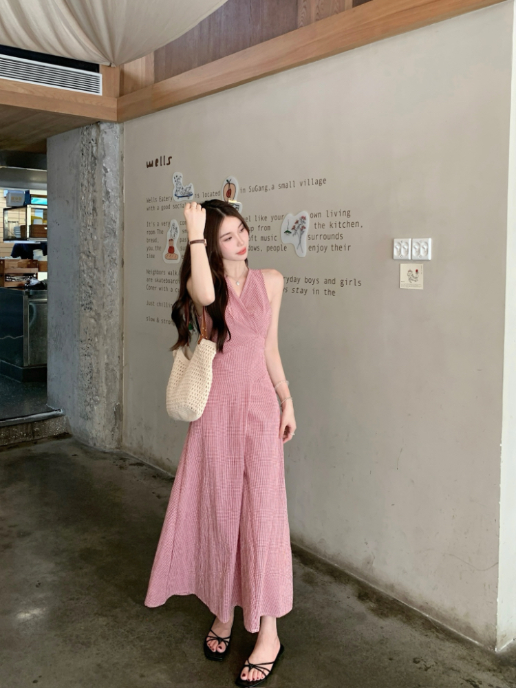 Cross summer red plaid dress bandage V-neck retro long dress