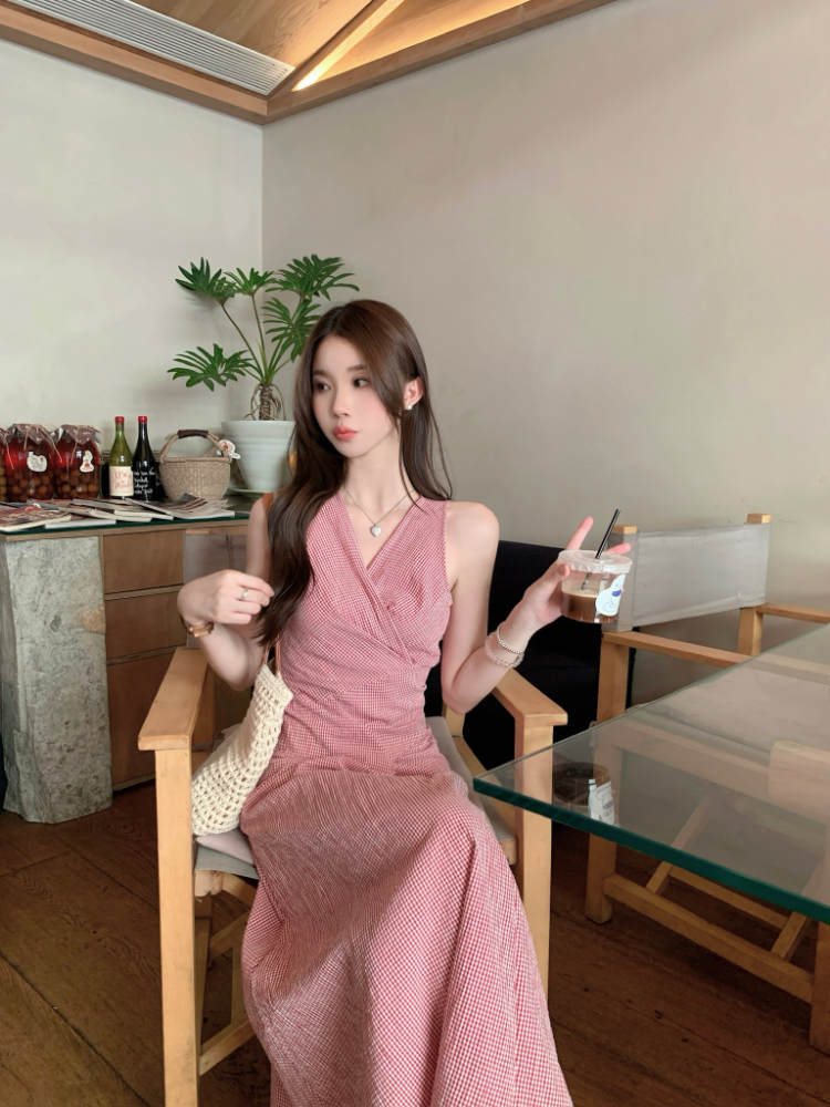 Cross summer red plaid dress bandage V-neck retro long dress