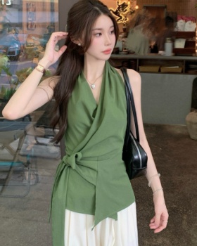 Pinched waist temperament vest cross bandage tops for women
