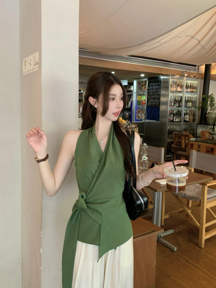 Pinched waist temperament vest cross bandage tops for women