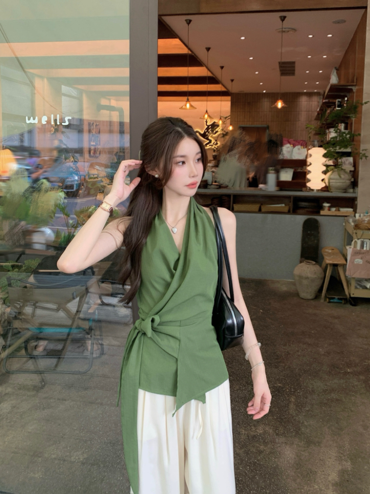 Pinched waist temperament vest cross bandage tops for women