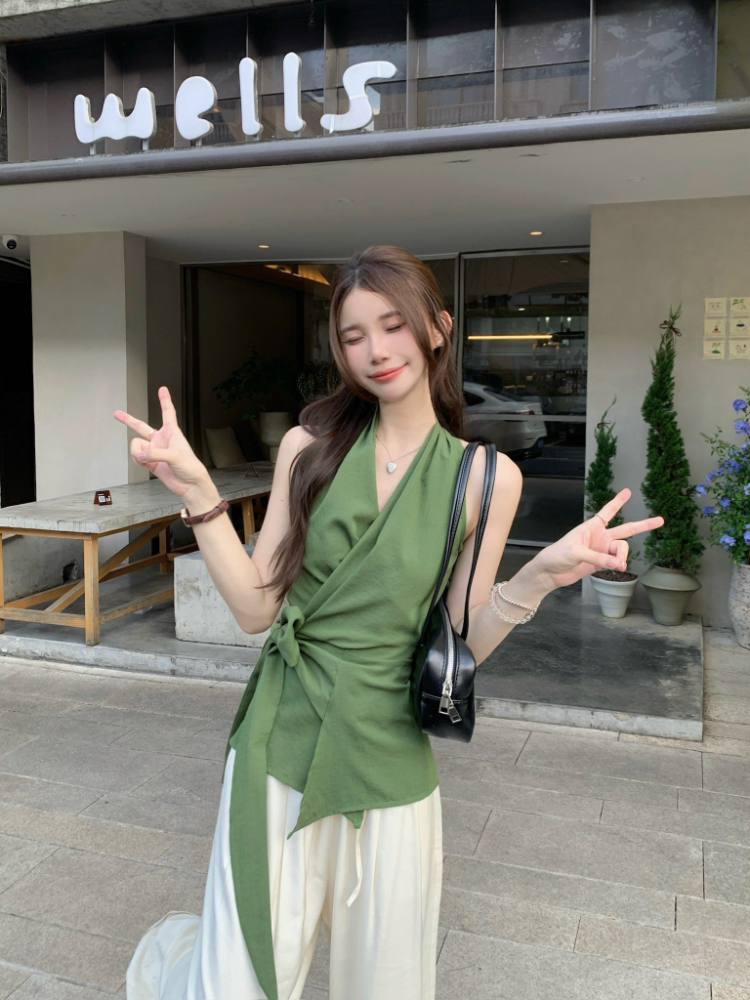 Pinched waist temperament vest cross bandage tops for women