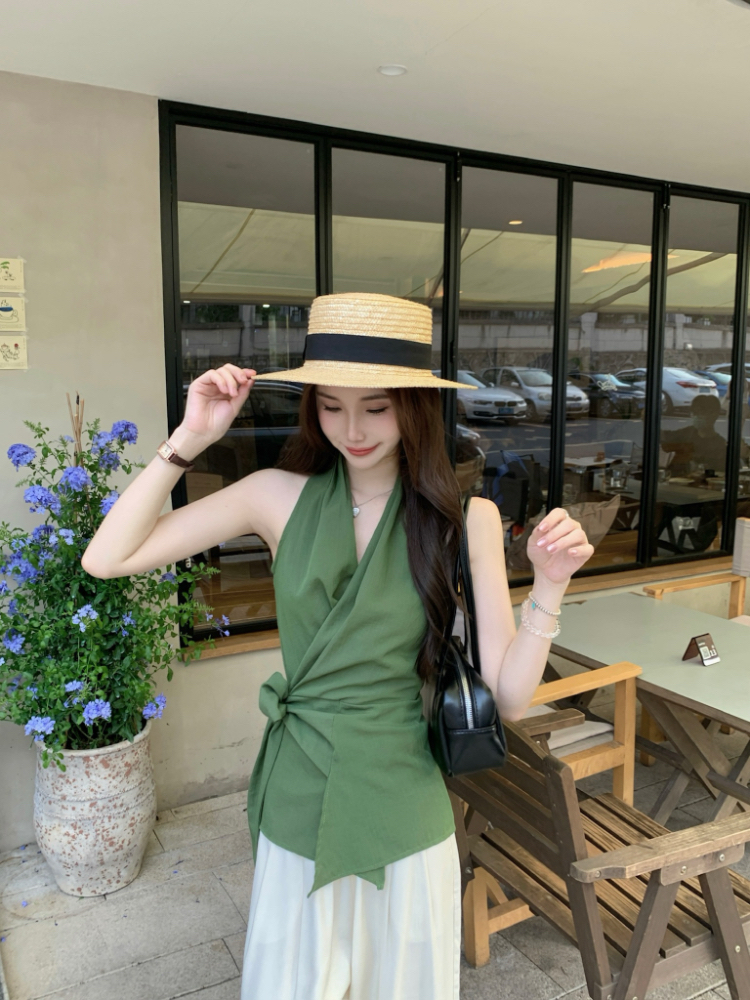 Pinched waist temperament vest cross bandage tops for women