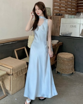 Light satin long dress France style vest for women