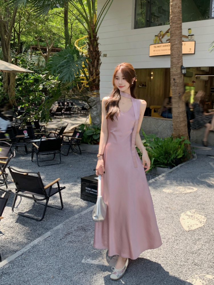 Light satin long dress France style vest for women