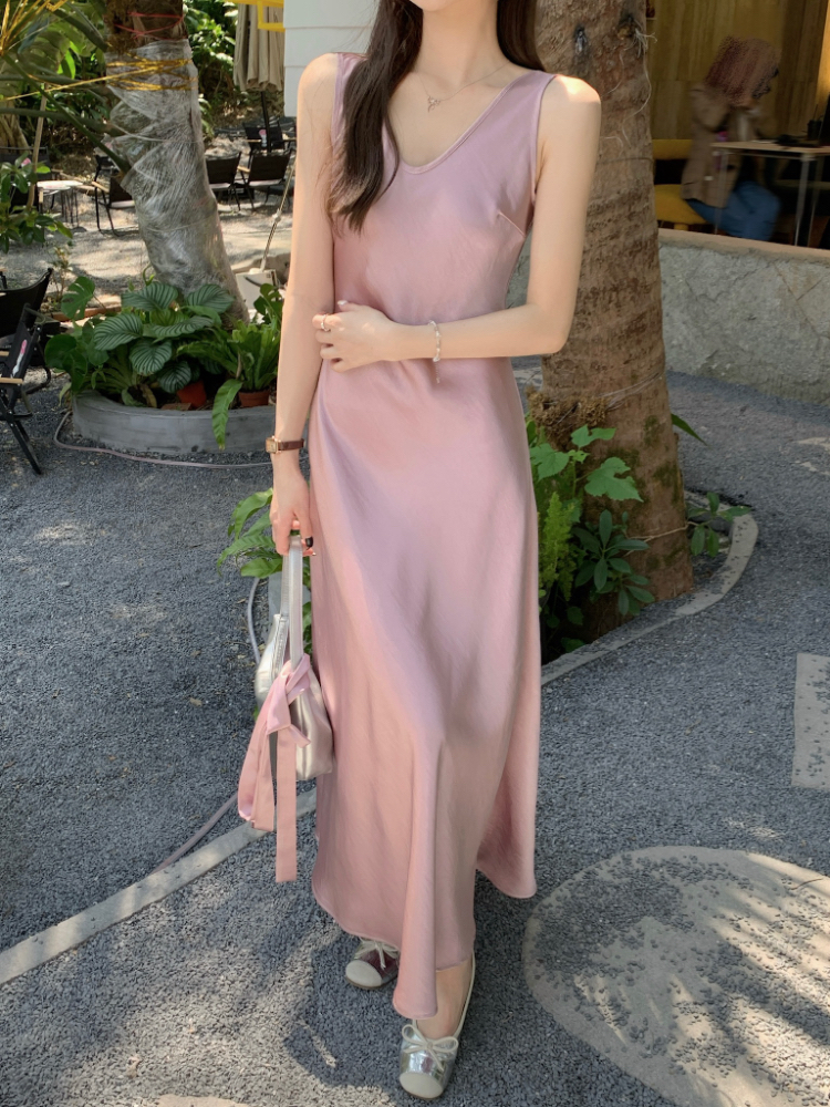 Light satin long dress France style vest for women