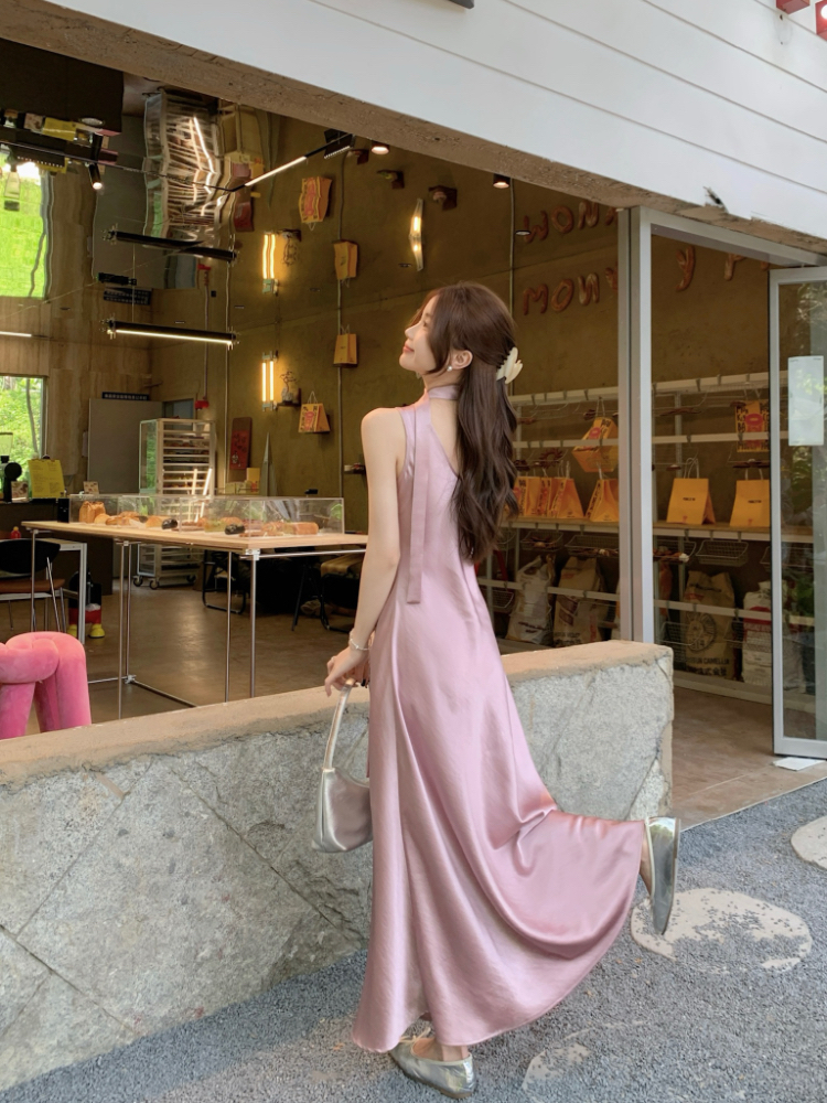Light satin long dress France style vest for women