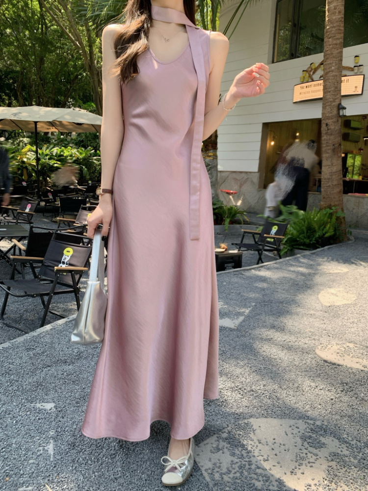 Light satin long dress France style vest for women