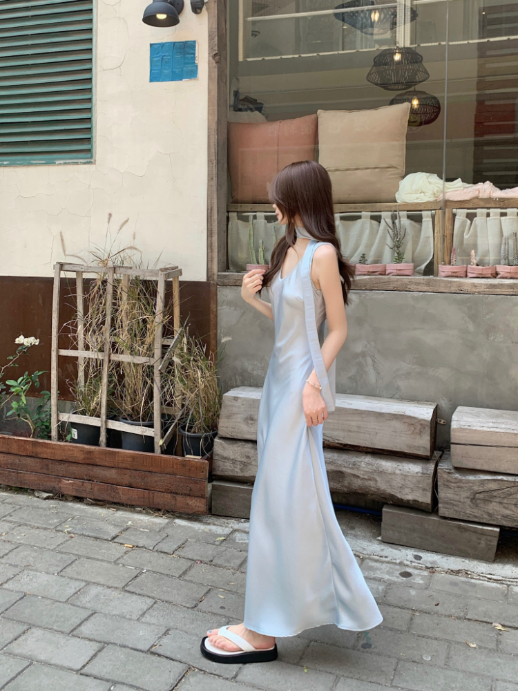 Light satin long dress France style vest for women