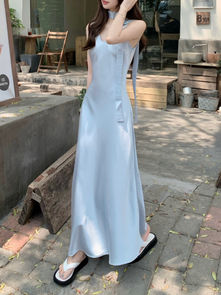 Light satin long dress France style vest for women
