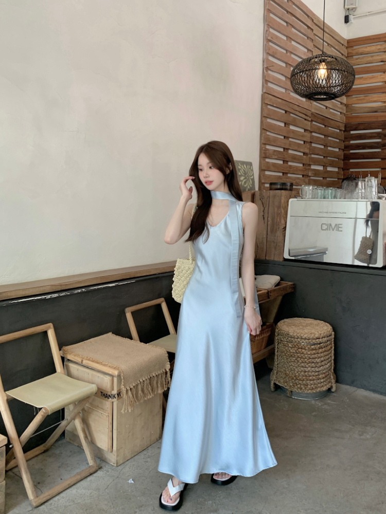 Light satin long dress France style vest for women