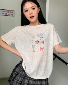 Bow dog Korean style loose printing T-shirt for women