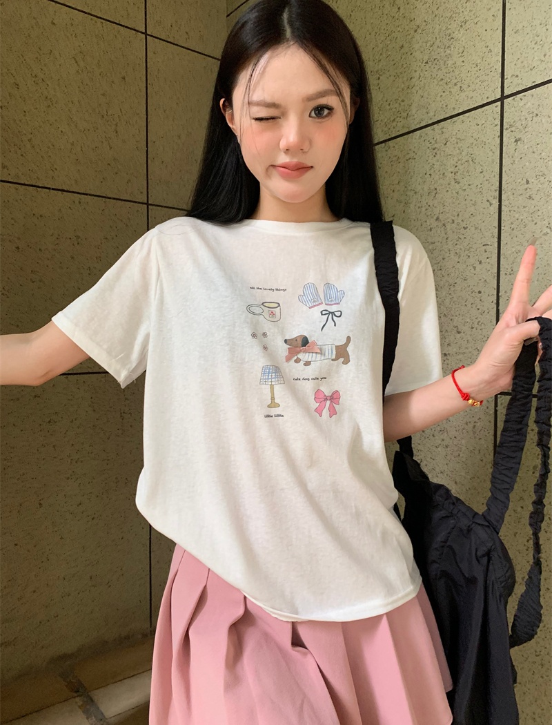Bow dog Korean style loose printing T-shirt for women