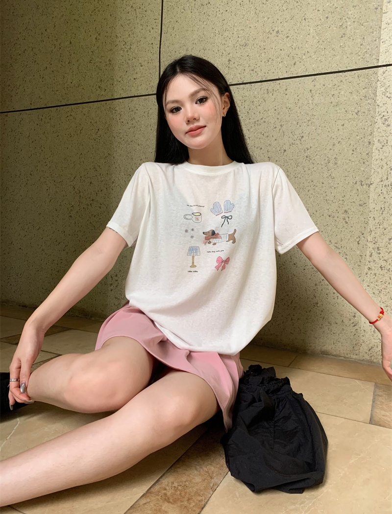 Bow dog Korean style loose printing T-shirt for women