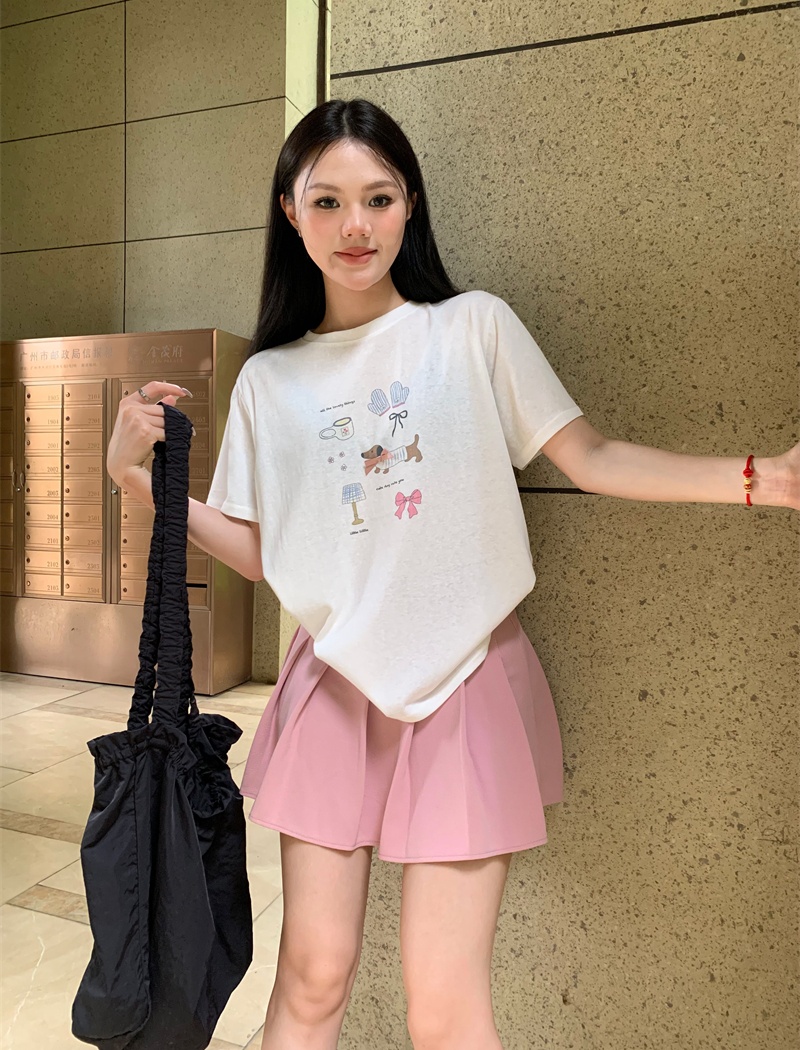 Bow dog Korean style loose printing T-shirt for women