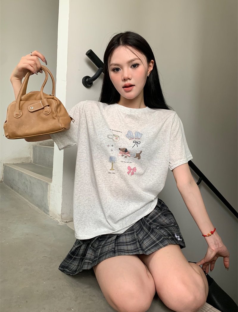 Bow dog Korean style loose printing T-shirt for women