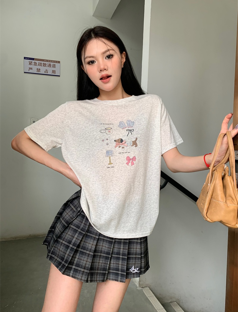 Bow dog Korean style loose printing T-shirt for women