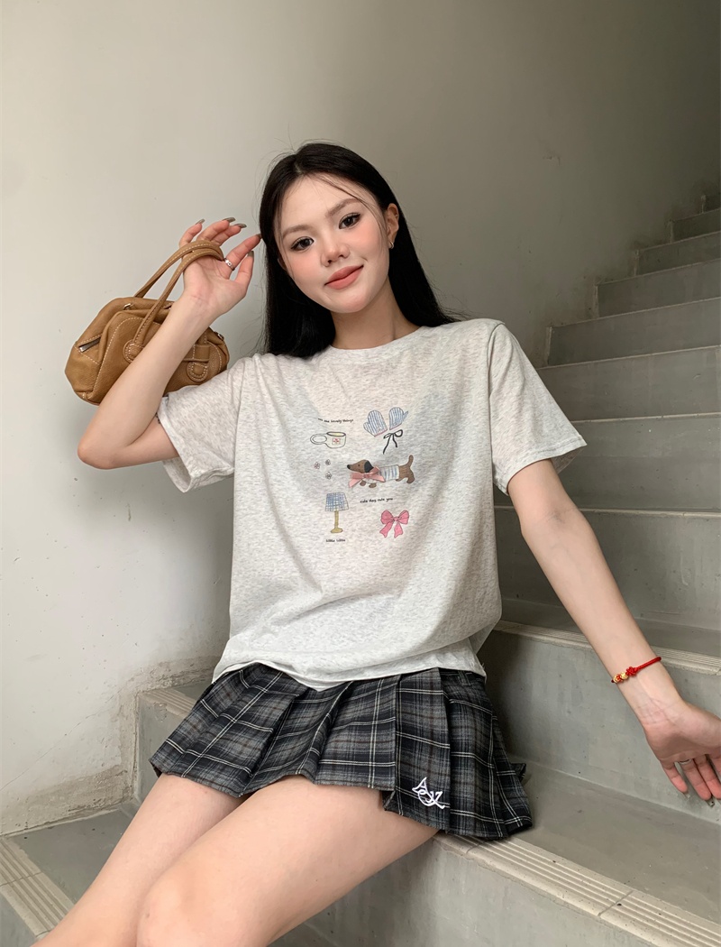 Bow dog Korean style loose printing T-shirt for women
