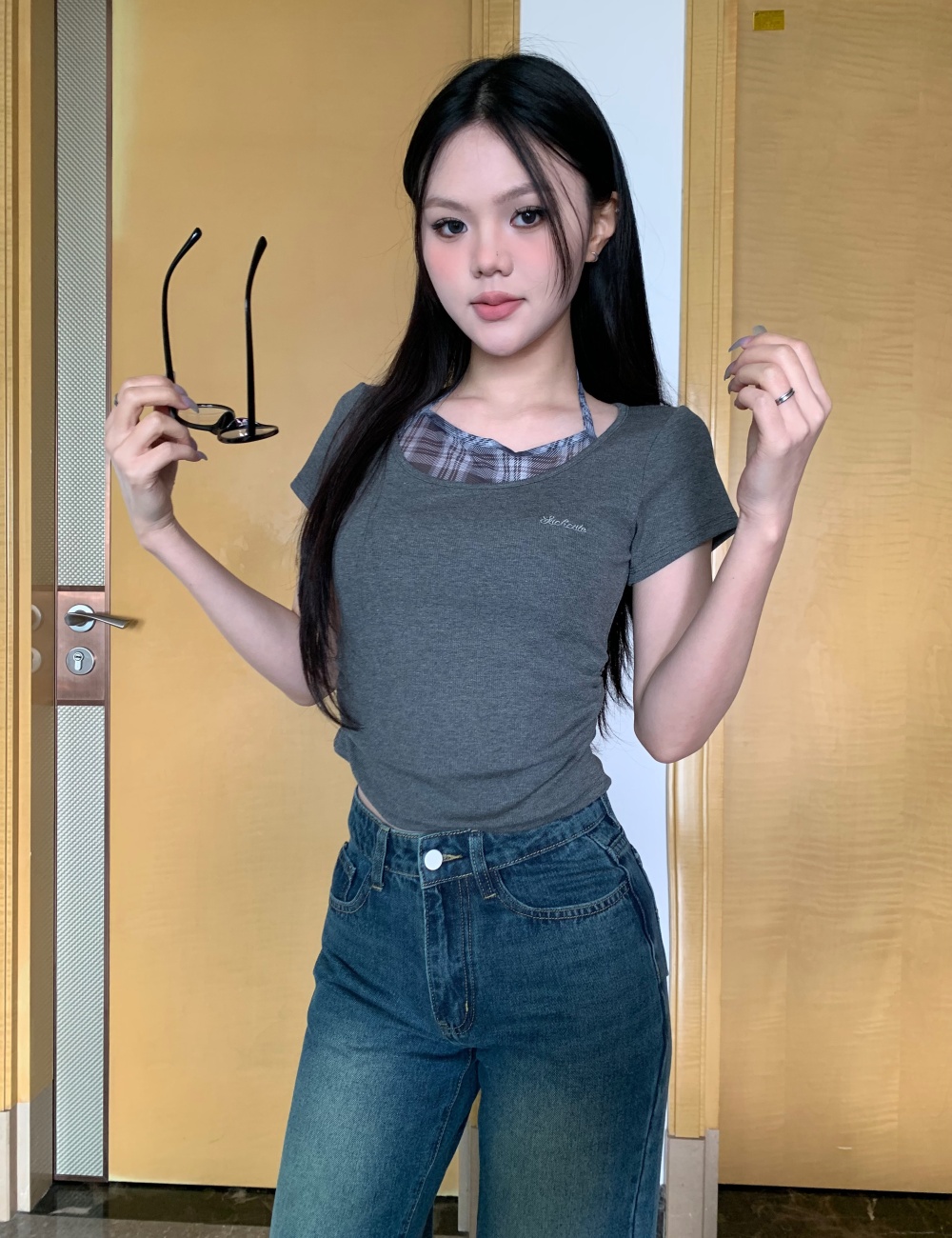 Halter frenum Korean style Pseudo-two T-shirt for women