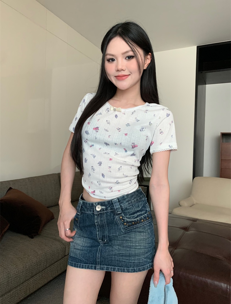 Floral short sleeve chanelstyle bow T-shirt for women
