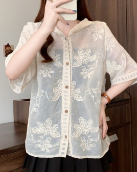 Crochet slim loose shirt sunscreen lace tops for women