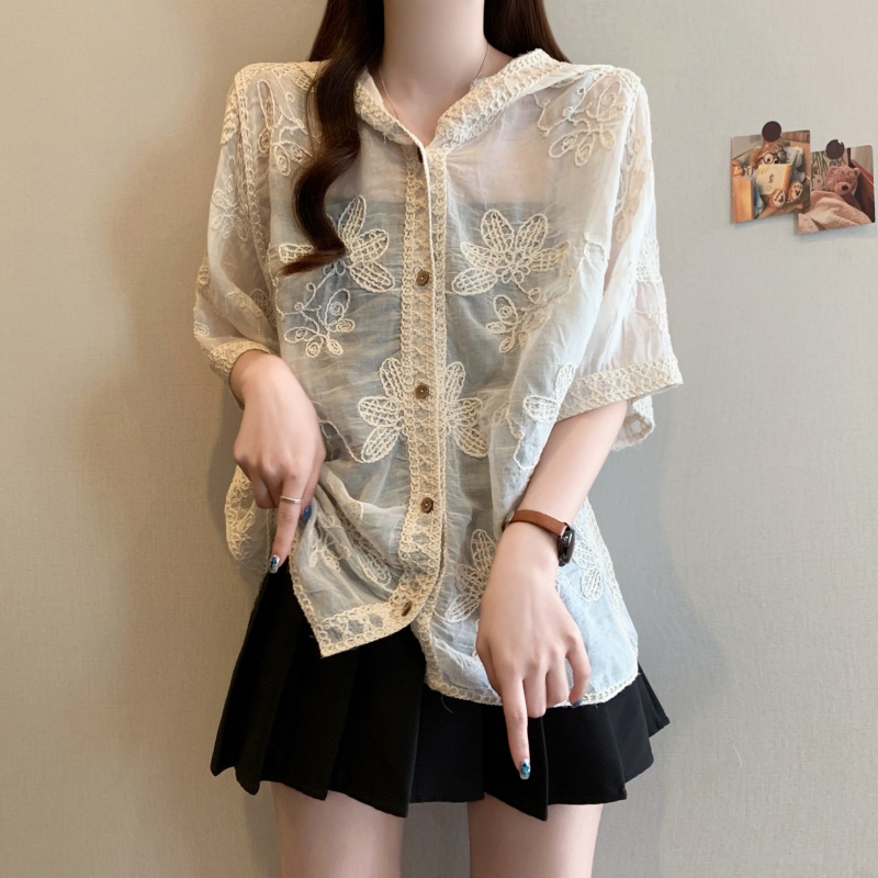 Crochet slim loose shirt sunscreen lace tops for women