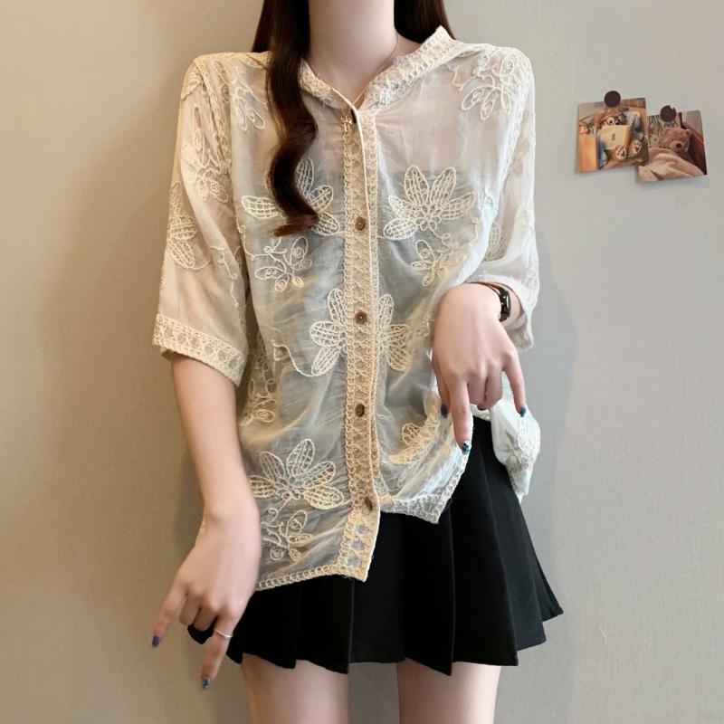 Crochet slim loose shirt sunscreen lace tops for women