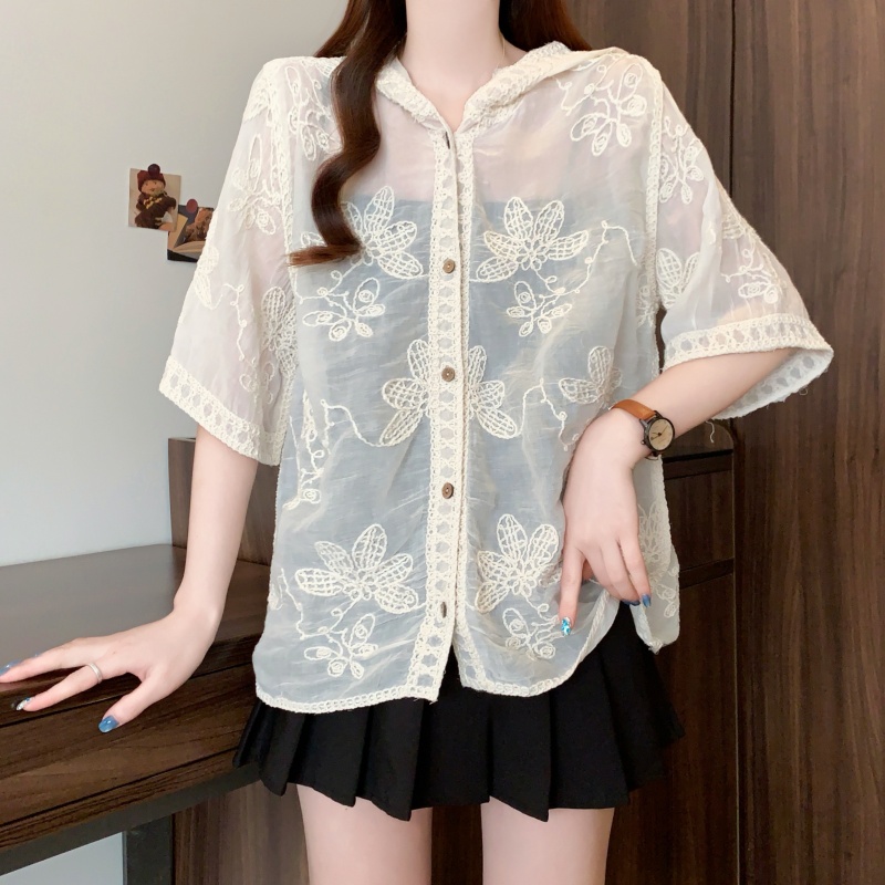 Crochet slim loose shirt sunscreen lace tops for women