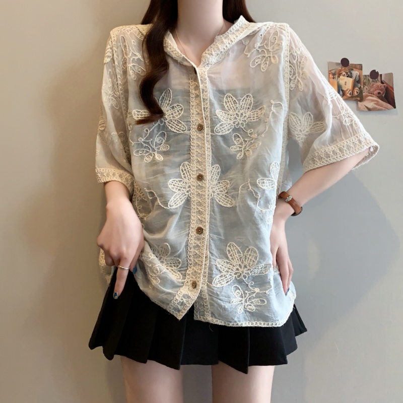 Crochet slim loose shirt sunscreen lace tops for women