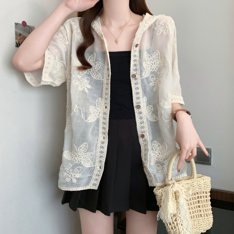 Crochet slim loose shirt sunscreen lace tops for women