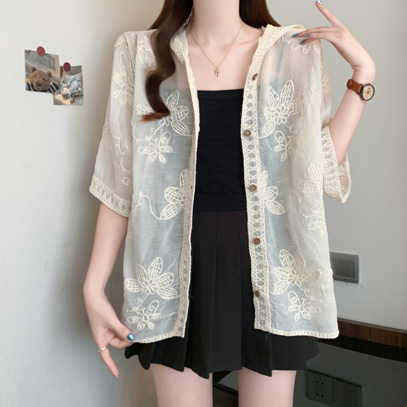 Crochet slim loose shirt sunscreen lace tops for women