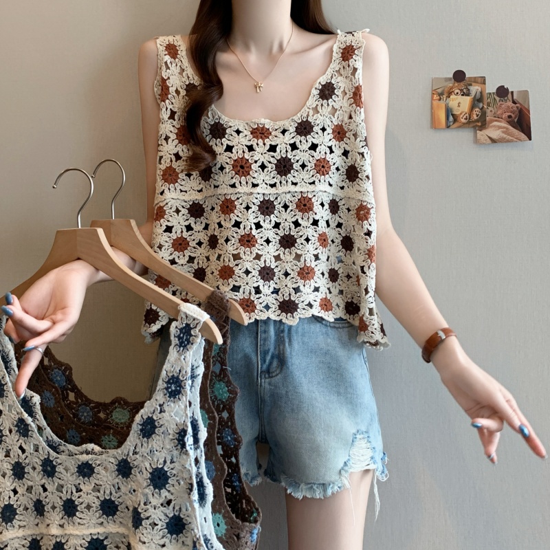 Vacation retro large yard knitted sling lazy spicegirl vest
