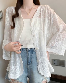 Summer gauze sun shirt thin V-neck shirts for women